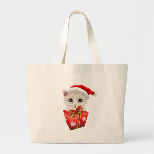 Grand Tote Bag Kitten Noël Père Noël avec cadeau