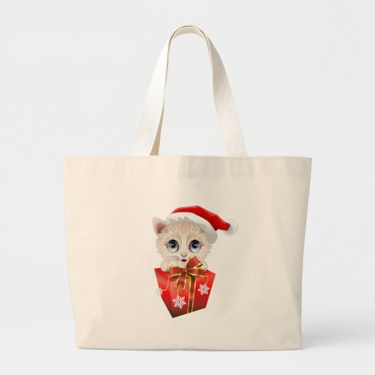 Grand Tote Bag Kitten Noël Père Noël avec cadeau (Devant)