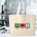 Grand Tote Bag La science de l'amour pour la paix<br><div class="desc">Un cadeau cool pour un professeur de sciences,  un scientifique,  ou juste un geek qui aime apprendre comment le monde fonctionne. Cute Peace Love Science design avec un signe de paix,  le coeur et le modèle atome.</div>