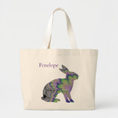 Grand Tote Bag Lapin Fractée vert et violet avec nom (Devant)
