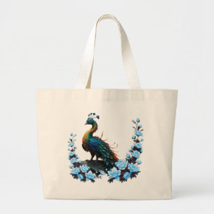 Grand Tote Bag Le paon majestueux : Un jeu de couleurs dans la na