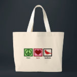 Grand Tote Bag Les cardinaux de l'amour pour la paix<br><div class="desc">Un joli cadeau cardinal avec un signe de paix,  un coeur et un bel oiseau rouge. Un joli cadeau d'oiseaux pour un observateur d'oiseaux qui aime observer les oiseaux magnifiques et collectionner les cadeaux d'oiseaux cool. Peace Love Cardinals.</div>