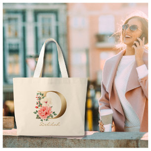 Grand Tote Bag Lettre D Élégant Monogramme Floral Or