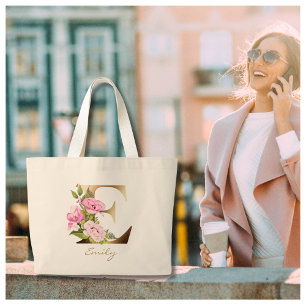 Grand Tote Bag Lettre E Monogramme Or Fleurs roses