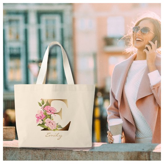 Grand Tote Bag Lettre E Monogramme Or Fleurs roses