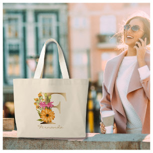 Grand Tote Bag Lettre F Élégant Monogramme Floral Or