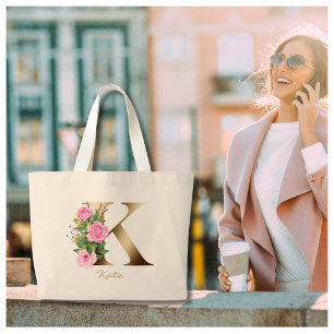 Grand Tote Bag Lettre K Élégant Monogramme Or Fleurs Roses Roses