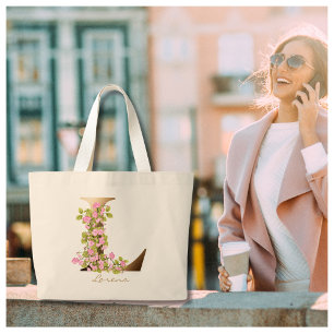 Grand Tote Bag Lettre L Monogramme Floral Élégant Doré