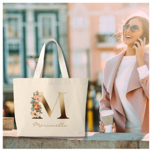 Grand Tote Bag Lettre M Élégant Monogramme Floral Or