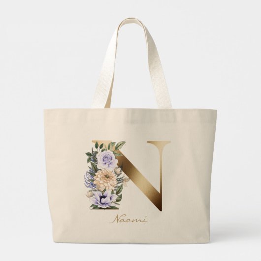 Grand Tote Bag Lettre N Élégant Monogramme Floral Or (Dos)