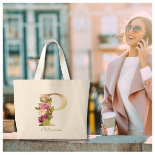 Grand Tote Bag Lettre P Élégant Monogramme Floral Or