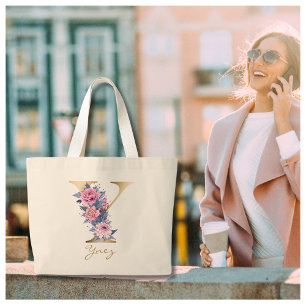 Grand Tote Bag Lettre Y Monogramme or rose bleu floral