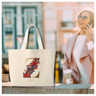 Grand Tote Bag Lettre Z Monogramme or rouge violet jaune floral