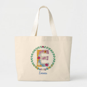 Grand Tote Bag Lettres de fleurs Initiale "E" avec nom personnali