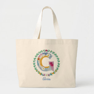 Grand Tote Bag Lettres de fleurs Initiale "G" avec nom personnali