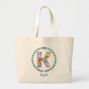 Grand Tote Bag Lettres de fleurs Initiale "K" avec nom personnali