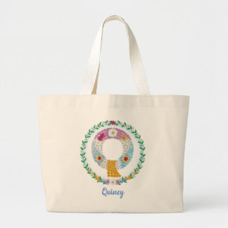Grand Tote Bag Lettres de fleurs "Q" initiales avec nom personnal