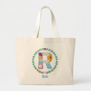 Grand Tote Bag Lettres de fleurs "R" initiales avec nom personnal