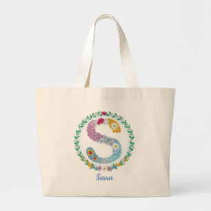 Grand Tote Bag Lettres de fleurs "S" initiales avec nom personnal