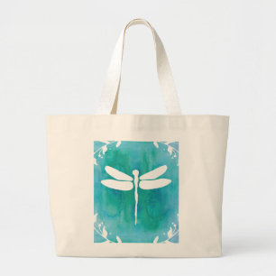 Grand Tote Bag Libellules blanches de bleu d'Aqua d'aquarelle de