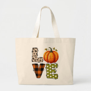 Grand Tote Bag LOVE - Citrouille mignon et lettres de points Polk