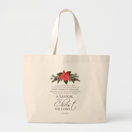 Grand Tote Bag Luc 2:10-11 Écriture de Noël Poinsettia (Devant)
