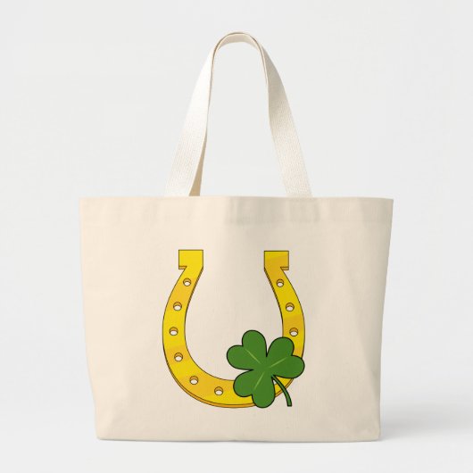 Grand Tote Bag Lucky Golden Horseshoe avec Shamrock sur noir (Devant)