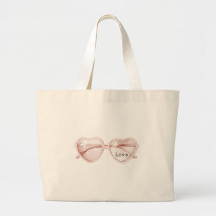 Grand Tote Bag Lunettes de cœur rose Amour