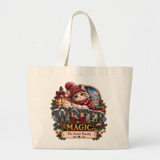 Grand Tote Bag Magie de l'hiver personnalisée pour chat de Noël c