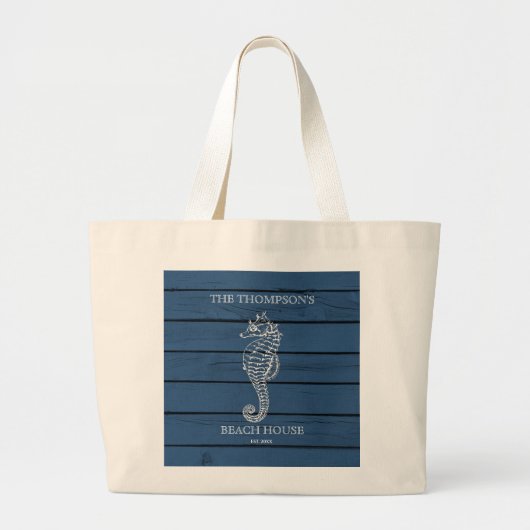 Grand Tote Bag Maison de plage Rustique Blue Wood Seahorse Lighth (Devant)