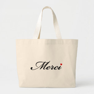 Grand Tote Bag Merci, art des mots français au coeur rouge
