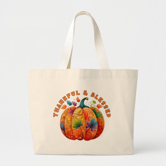 Grand Tote Bag Merci et béni Citrouille d'automne (Devant)