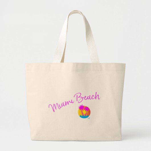 Grand Tote Bag Miami-Plage-logo-soleil-paume-rose (Devant)