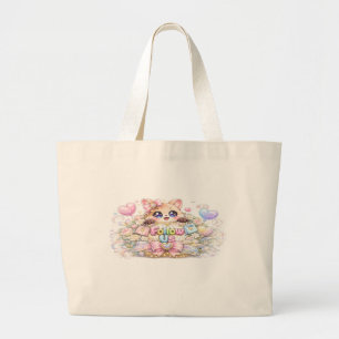 Grand Tote Bag Mignon Kawaii Suivez-Nous Chat Pastel Rose Réseaux