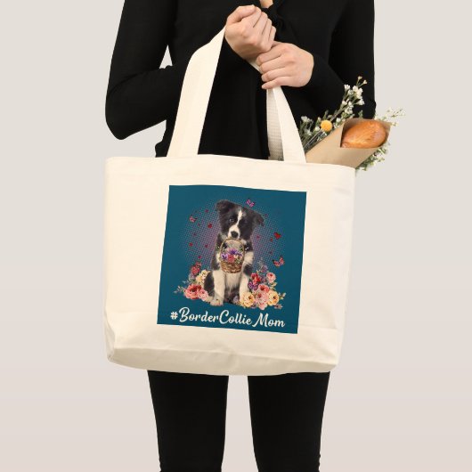 Grand Tote Bag Mignonne frontière Collie Maman Fleur Joyeuse fête (Devant (produit))