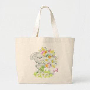 Grand Tote Bag Monogramme Aquarelle Cute Lapin Floral Lapin Lapin