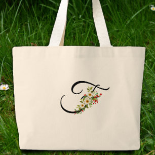 Grand Tote Bag Monogramme classique F fleur rouge blanche cadeau 