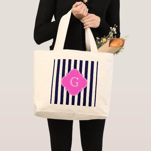 Grand Tote Bag Monogramme de Quatrefoil Rose Chaud Blu Navy (Devant (produit))