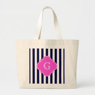 Grand Tote Bag Monogramme de Quatrefoil Rose Chaud Blu Navy