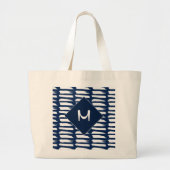 Grand Tote Bag Monogramme de rayures blanches bleues modernes (Devant)