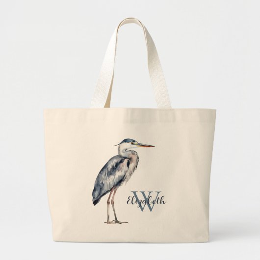 Grand Tote Bag Monogramme d'oiseau héron bleu côtier (Devant)