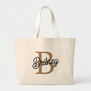 Grand Tote Bag Monogramme moderne élégant Nom Black Gold Script