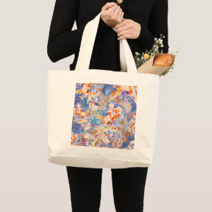 Grand Tote Bag Motif floral abstrait orange et bleu vibrant