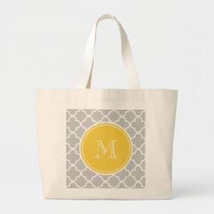 Grand Tote Bag Motif gris de Quatrefoil, monogramme jaune