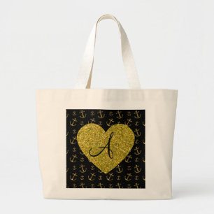 Grand Tote Bag Motif noir d'ancres d'or de monogramme