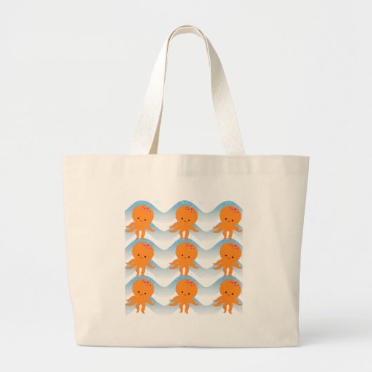 Grand Tote Bag Motif Octopus Orange Et Vagues Bleues (Devant)