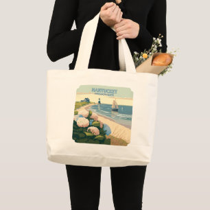 Grand Tote Bag Nantucket Beach Hydrangeas Lighthouse Rétro