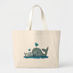 Grand Tote Bag Natation de maman et de bébé de baleine en mer