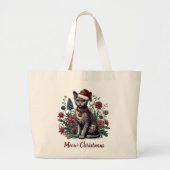 Grand Tote Bag Noël Devon Rex Chat : Chapeau et Fleurs de Noël (Devant)
