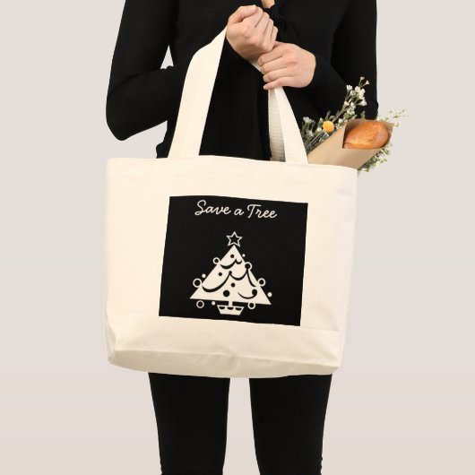 Grand Tote Bag Noël noir et blanc Sauvez l'arbre (Devant (produit))